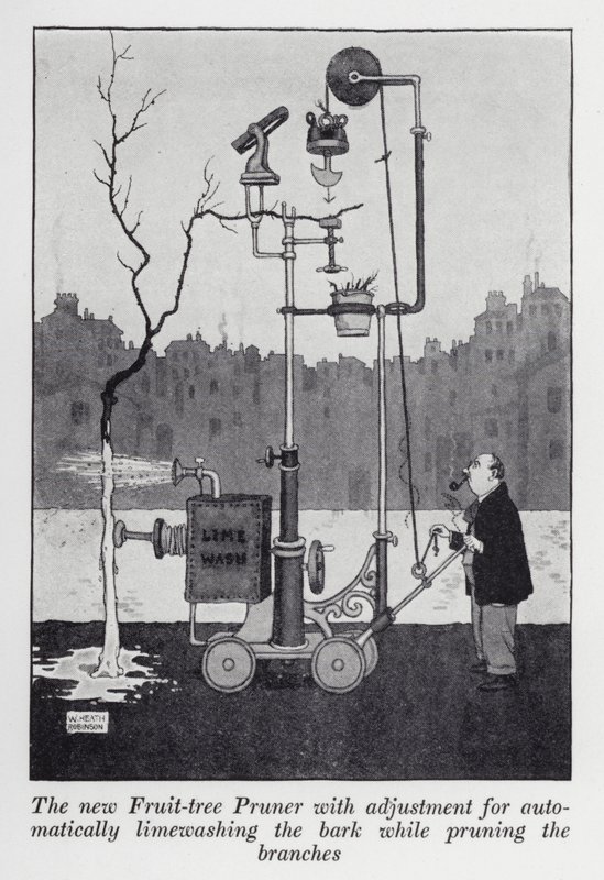 Den nye Frugttræsbeskærer med justering til automatisk kalkvask af barken under beskæring af grenene (litho) af William Heath Robinson
