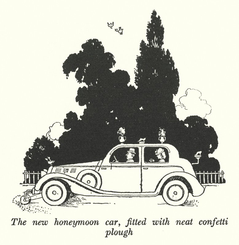 Den nye bryllupsrejsebil, udstyret med pæn konfettiplov (litho) af William Heath Robinson