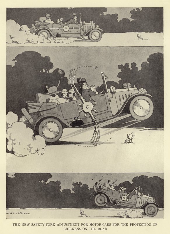 Den nye sikkerhedsgaffeljustering til biler til beskyttelse af høns på vejen af William Heath Robinson
