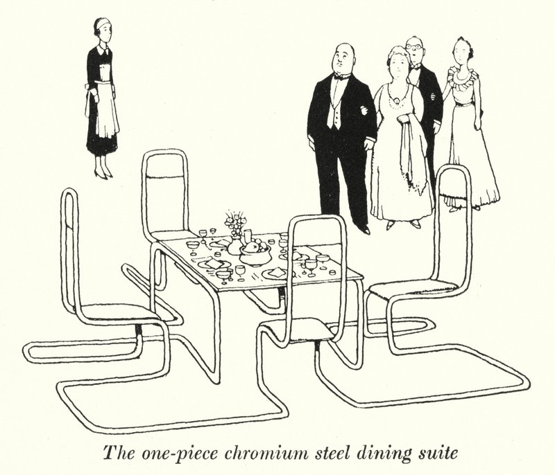 Spisestuen i et stykke kromstål (litho) af William Heath Robinson