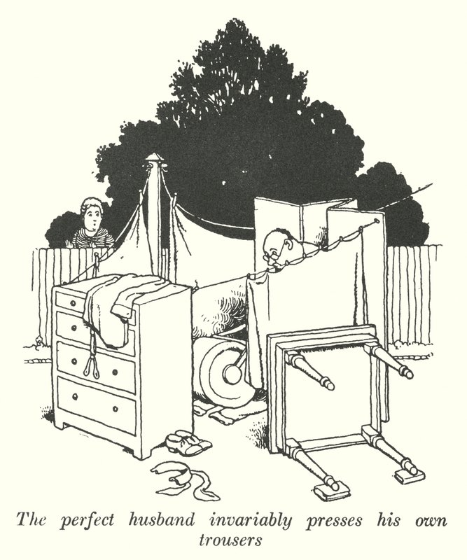 Den perfekte ægtemand presser uvægerligt sine egne bukser (litho) af William Heath Robinson