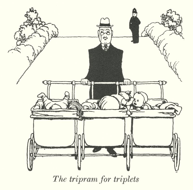 Tripram til trillinger (litho) af William Heath Robinson
