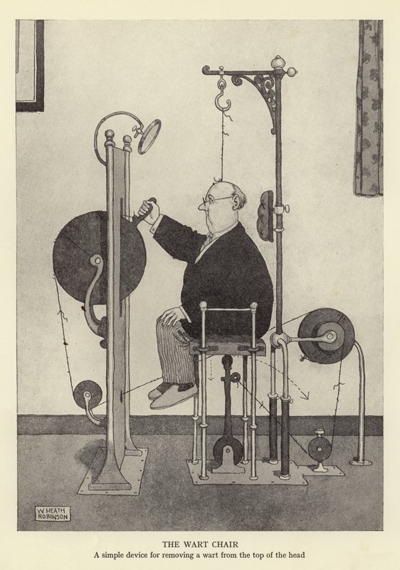Vortestolen, en enkel anordning til at fjerne en vorte fra toppen af hovedet af William Heath Robinson