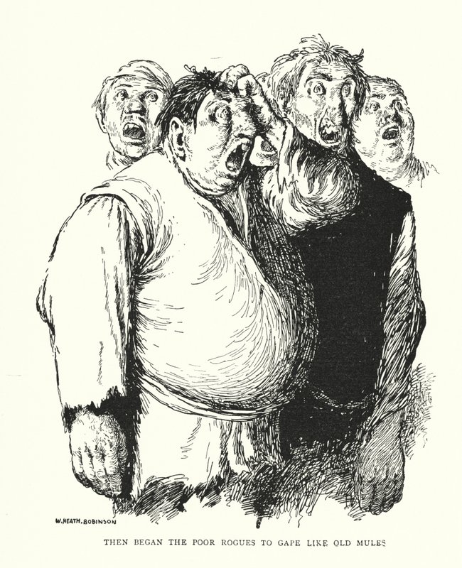 Så begyndte de stakkels slyngler at gabe som gamle muldyr (litho) af William Heath Robinson