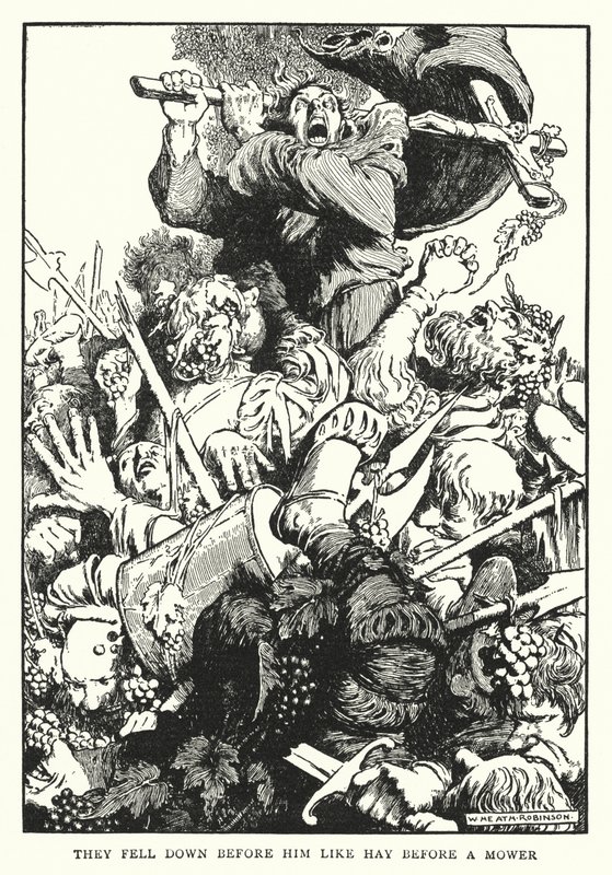 De faldt ned foran ham som hø foran en plæneklipper (litho) af William Heath Robinson