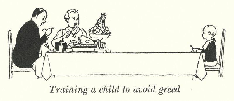 Træning af et barn til at undgå grådighed (litho) af William Heath Robinson