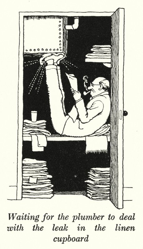 Venter på, at blikkenslageren tager sig af lækagen i linnedskabet (litho) af William Heath Robinson
