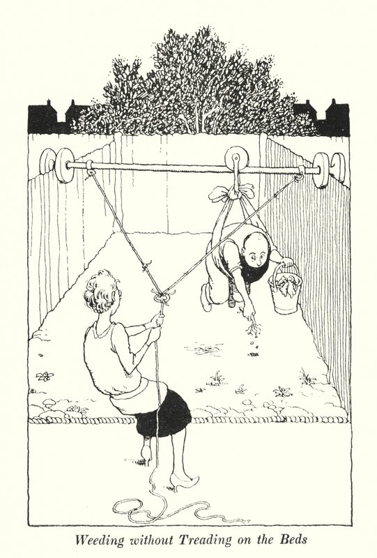 Lugning uden at træde på sengene (litho) af William Heath Robinson