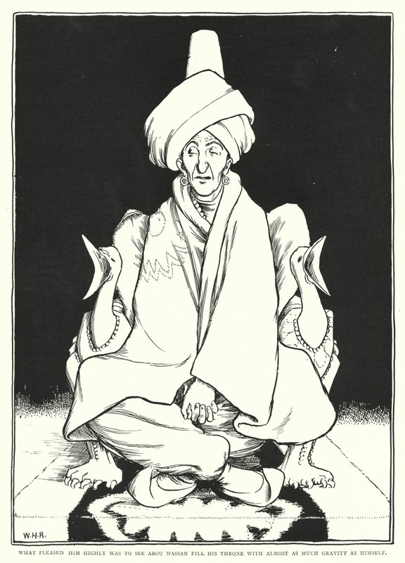 Det, der glædede ham meget, var at se Abou Hassan fylde sin trone med næsten lige så meget tyngdekraft som ham selv (gravering) af William Heath Robinson