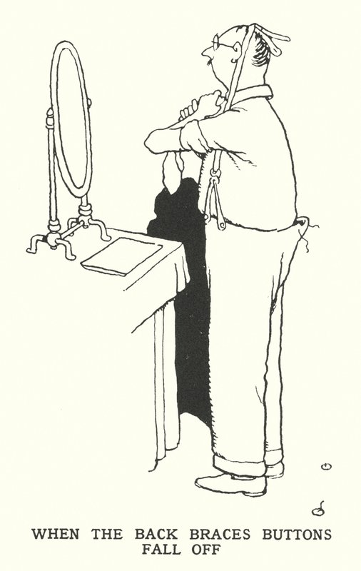 Når knapperne på ryggen falder af (litho) af William Heath Robinson