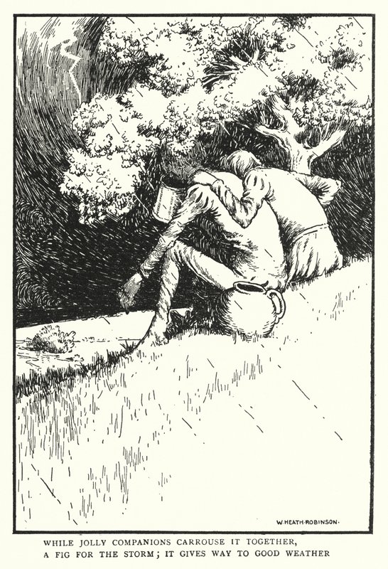 Mens glade kammerater bærer den sammen, en figen for stormen, viger den for godt vejr (litho) af William Heath Robinson