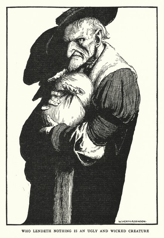 Den, der ikke låner noget, er en grim og ond skabning (litho) af William Heath Robinson