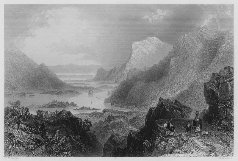 Indflyvning til Killarney fra Kenmare Road (gravering) af William Henry (after) Bartlett