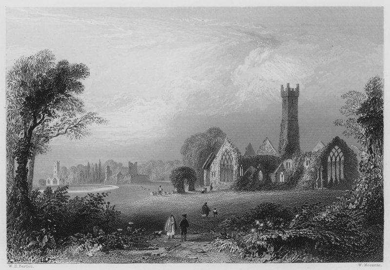 Augustinerklosteret, Adare, med Fitzgeralds Slot og Francescan Abbey (gravering) af William Henry (after) Bartlett