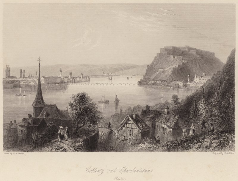 Coblentz og Ehrenbreitstein (gravering) af William Henry (after) Bartlett