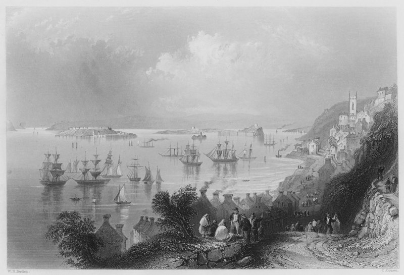 Cove Harbour, i Queenstown Harbor (gravering) af William Henry (after) Bartlett