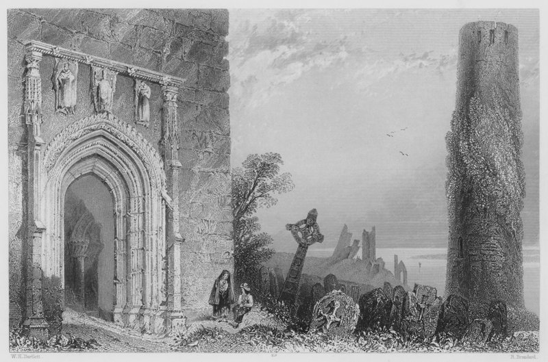 Indgangsdøråbning til Temple Mc Durmot, Clonmacnoise (gravering) af William Henry (after) Bartlett