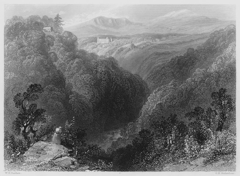 Powerscourt fra Dargle, County Wicklow (gravering) af William Henry (after) Bartlett