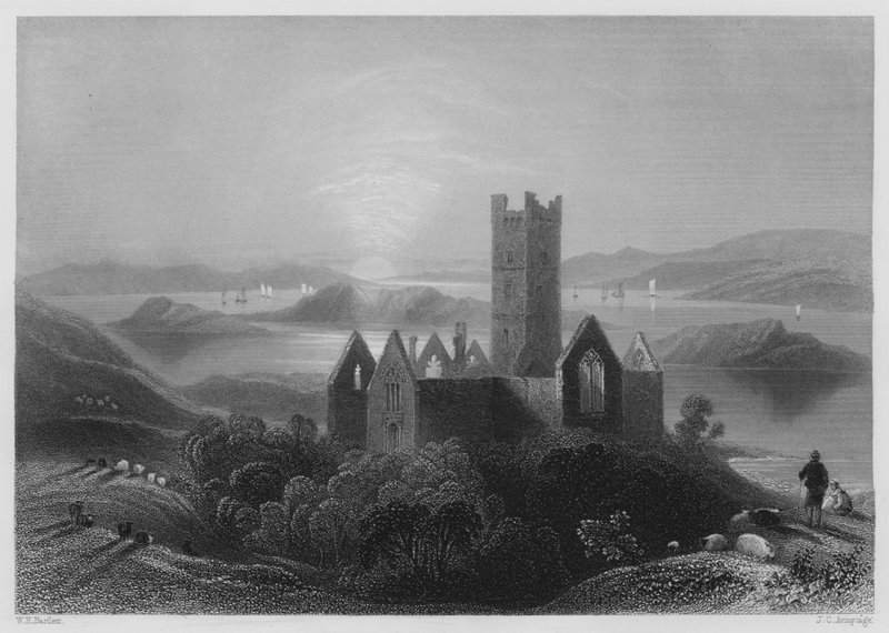 Roserk Abbey (gravering) af William Henry (after) Bartlett