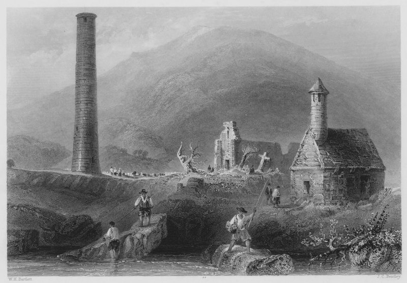 Rundetårn osv., Glendalough, County Wicklow (gravering) af William Henry (after) Bartlett