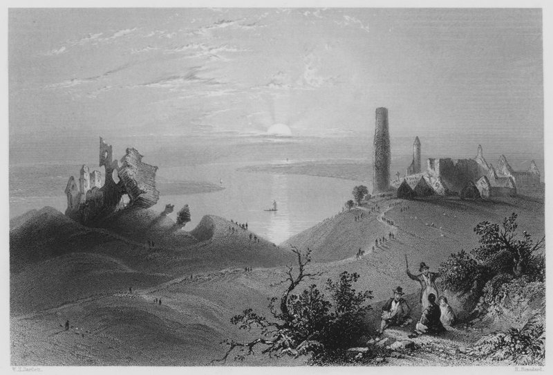Syv kirker i Clonmacnoise, på Shannon (gravering) af William Henry (after) Bartlett