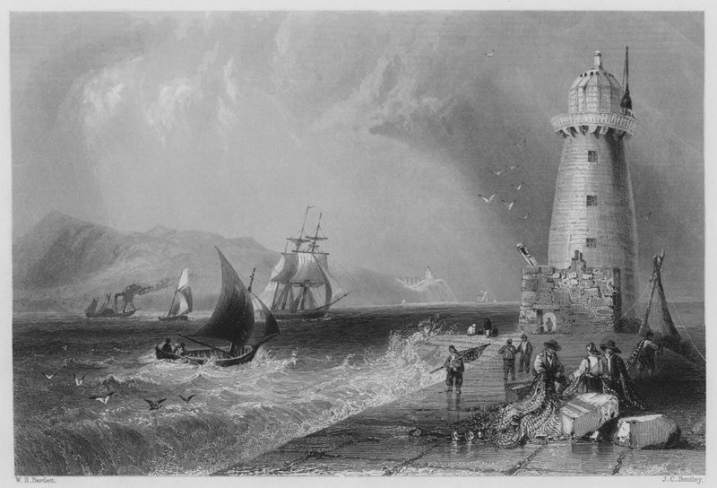 South-wall fyrtårn, med Howth bakke i det fjerne (gravering) af William Henry (after) Bartlett