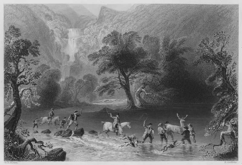 Taking a Stag, nær Derrycunnihy Cascade, Killarney (gravering) af William Henry (after) Bartlett