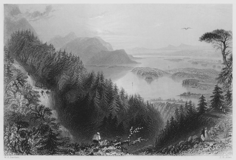 The Lower and Torc Lakes, Killarney, fra Torc Waterfall (gravering) af William Henry (after) Bartlett