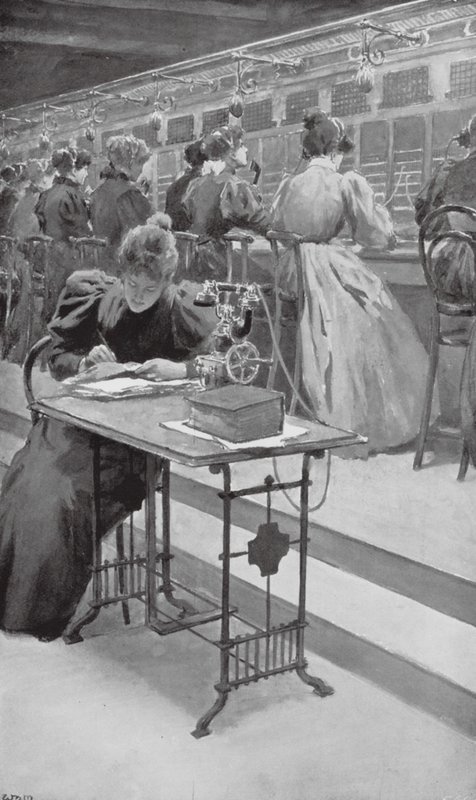 På arbejde i et telefonrum (litho) af William Henry (after) Margetson