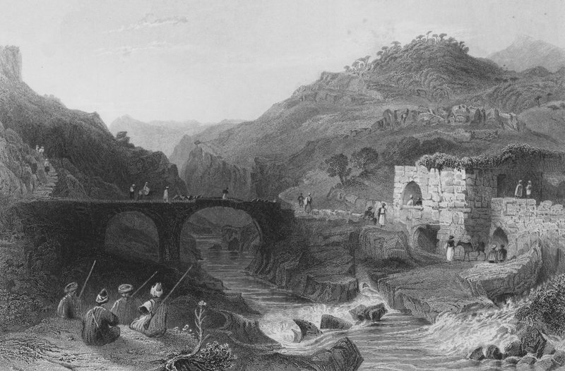 En Khan, eller kro, på Damour, Libanon, mellem Betadine og Beirut af William Henry Bartlett