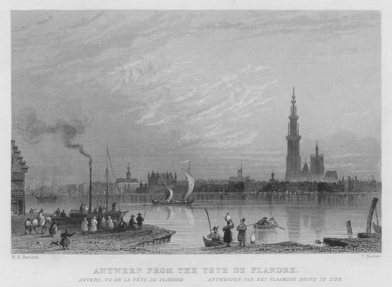 Antwerpen fra Tete De Flandre (gravering) af William Henry Bartlett