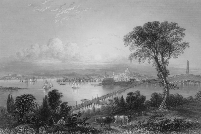 Boston og Bunker Hill (fra øst) (gravering) af William Henry Bartlett