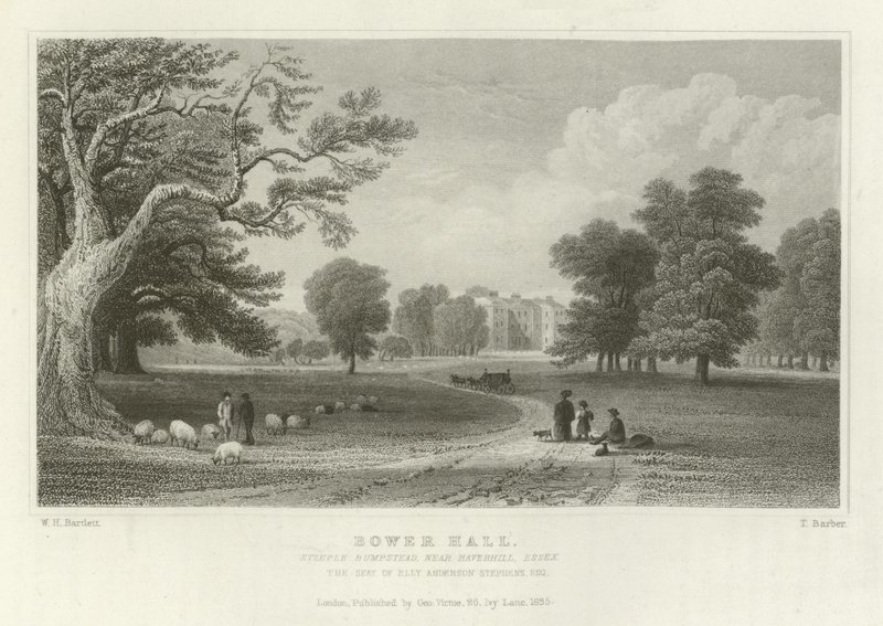 Bower Hall, Steeple Bumpstead, nær Haverhill, Essex, sæde for Elly Anderson Stephens, Esquire af William Henry Bartlett