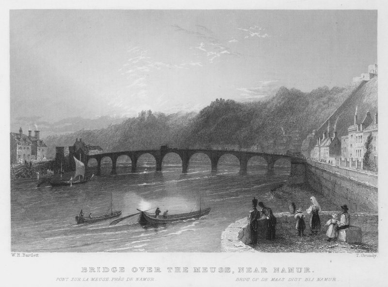 Bro over Meuse, nær Namur (gravering) af William Henry Bartlett