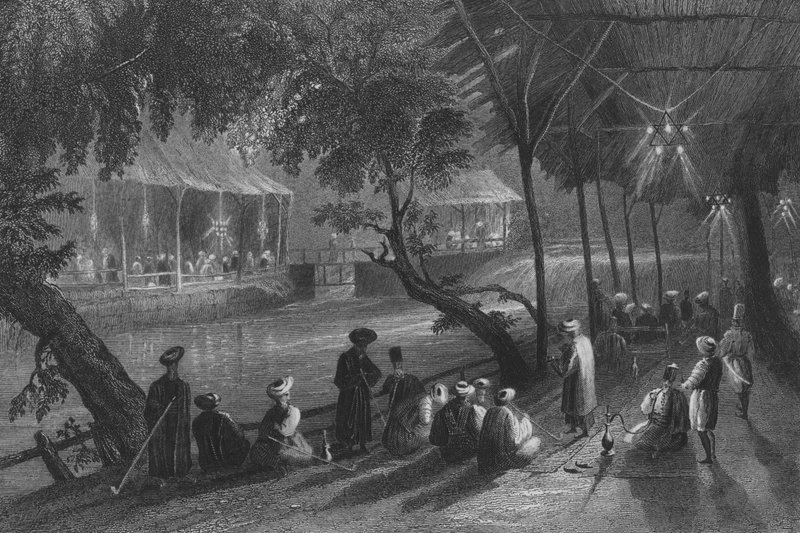 Caféer i Damaskus, på en gren af Barrada, den antikke Pharpar af William Henry Bartlett