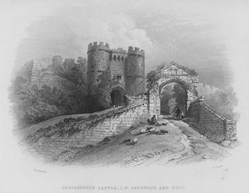 Carisbrooke Castle, Isle of Wight, Gateways og Keep (gravering) af William Henry Bartlett