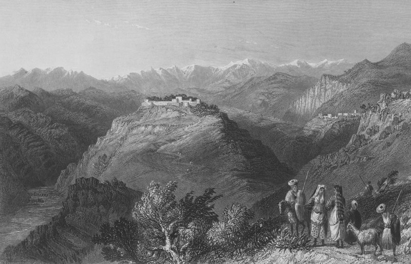 Djouni, eller Libanons tårn, engang residens for Lady Hester Stanhope af William Henry Bartlett