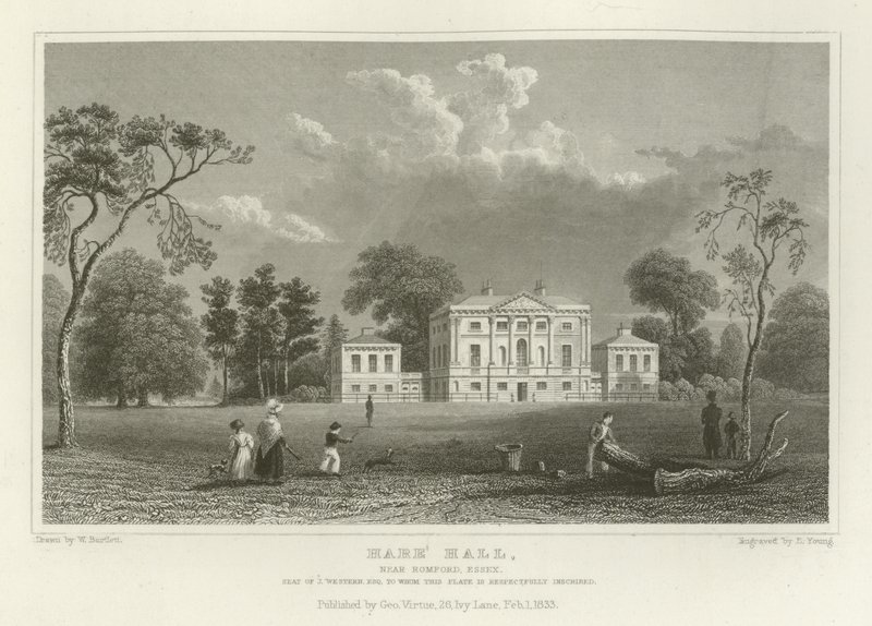Hare Hall, nær Romford, Essex, sæde for J Western, Esquire af William Henry Bartlett