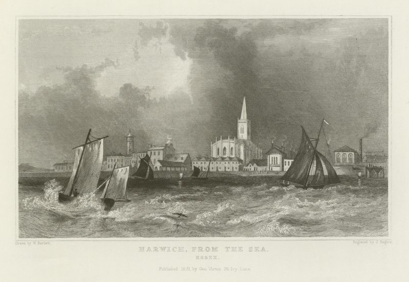 Harwich, fra havet, Essex af William Henry Bartlett