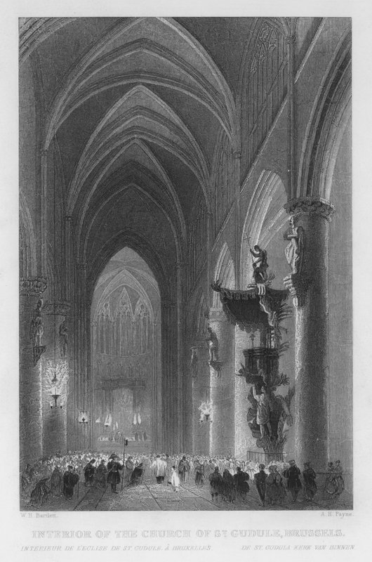 Interiør af St. Gudule-kirken, Bruxelles (gravering) af William Henry Bartlett