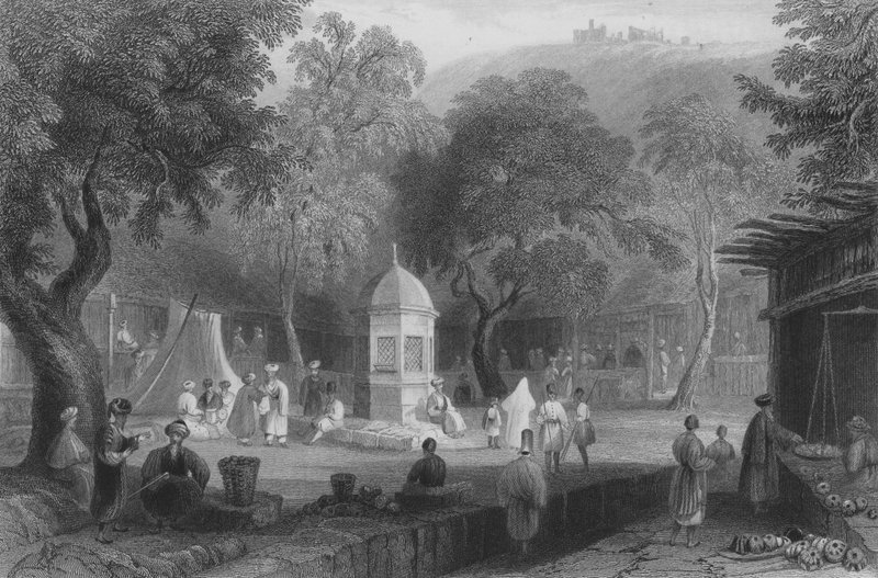 Markedsscene og springvand, Antiokia af William Henry Bartlett