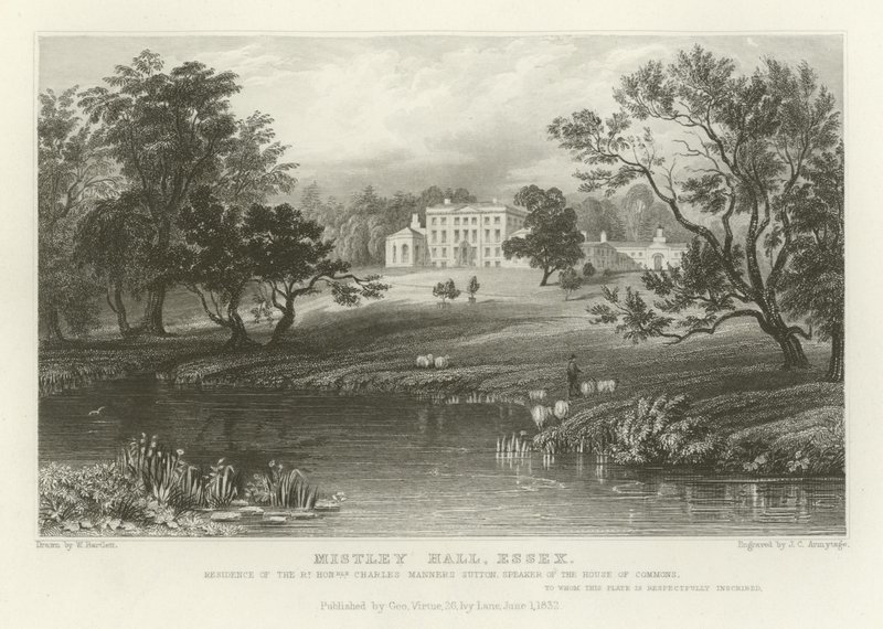 Mistley Hall, Essex, bopæl for den ærede Charles Manners Sutton, formand for Underhuset af William Henry Bartlett