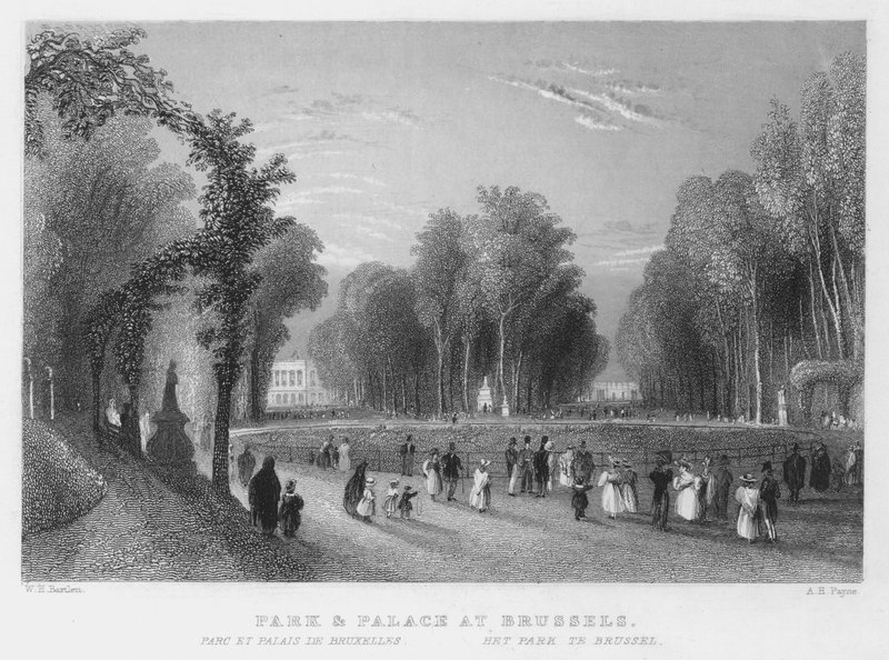 Park og palads i Bruxelles (gravering) af William Henry Bartlett