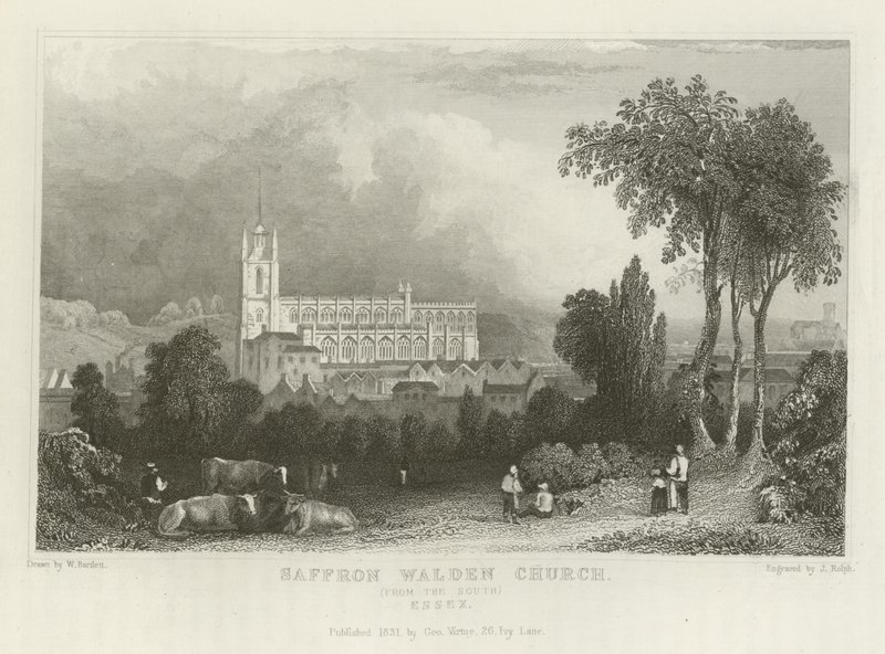 Saffron Walden Church, fra syd, Essex af William Henry Bartlett