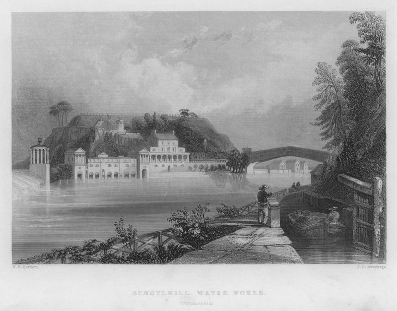 Schuylkill Water Works, Philadelphia (gravering) af William Henry Bartlett