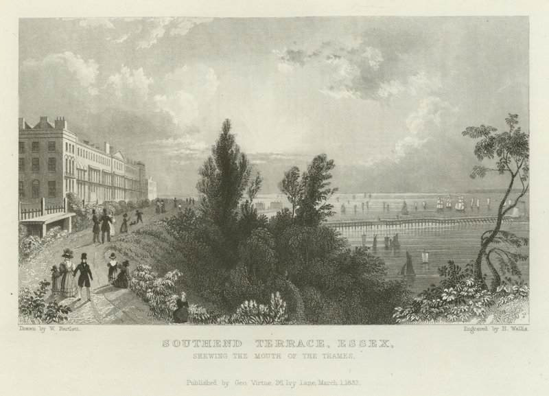 Southend Terrace, Essex, der viser Themsens mund af William Henry Bartlett