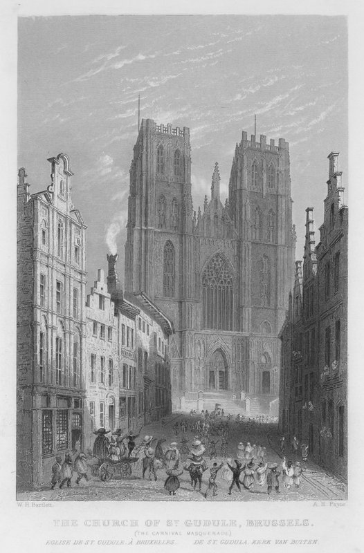St Gudule-kirken, Bruxelles, Carnival Masquerade (gravering) af William Henry Bartlett