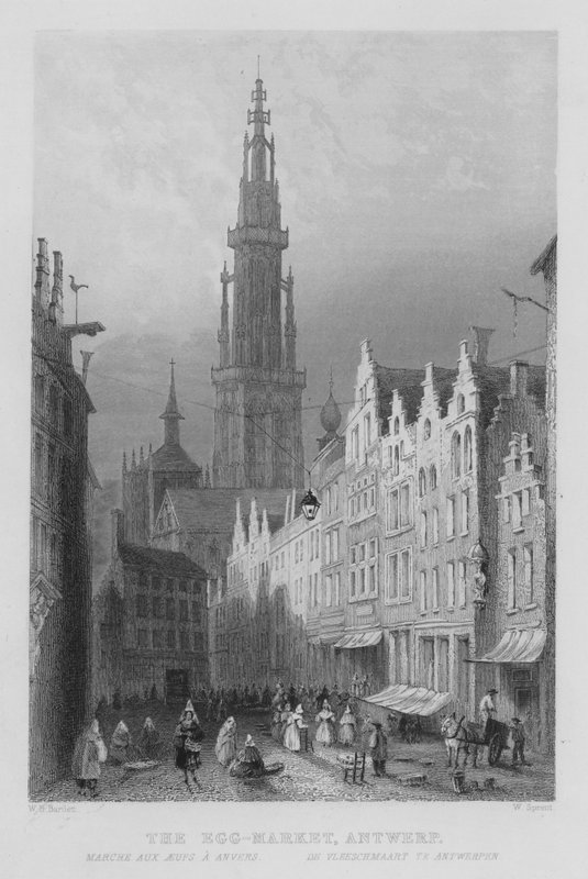 Æggemarkedet, Antwerpen (gravering) af William Henry Bartlett