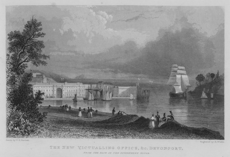 Det nye proviantkontor osv., Devonport, fra bagsiden af regeringshuset (gravering) af William Henry Bartlett