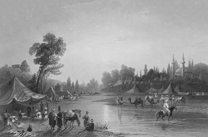 Floden Barrada, den antikke Pharpar, en flod i Damaskus af William Henry Bartlett